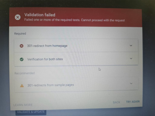 301 redirect from homepage failed in validation