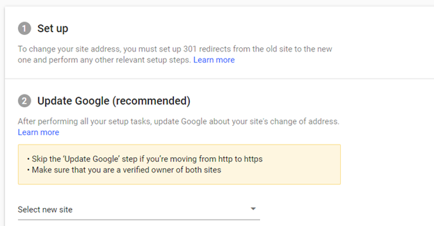 Google search console change of address settings