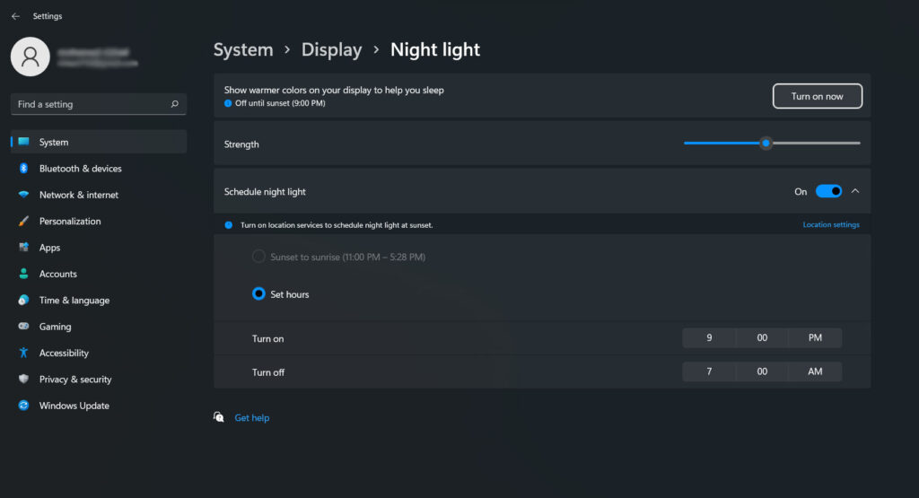 night mode settings in windows