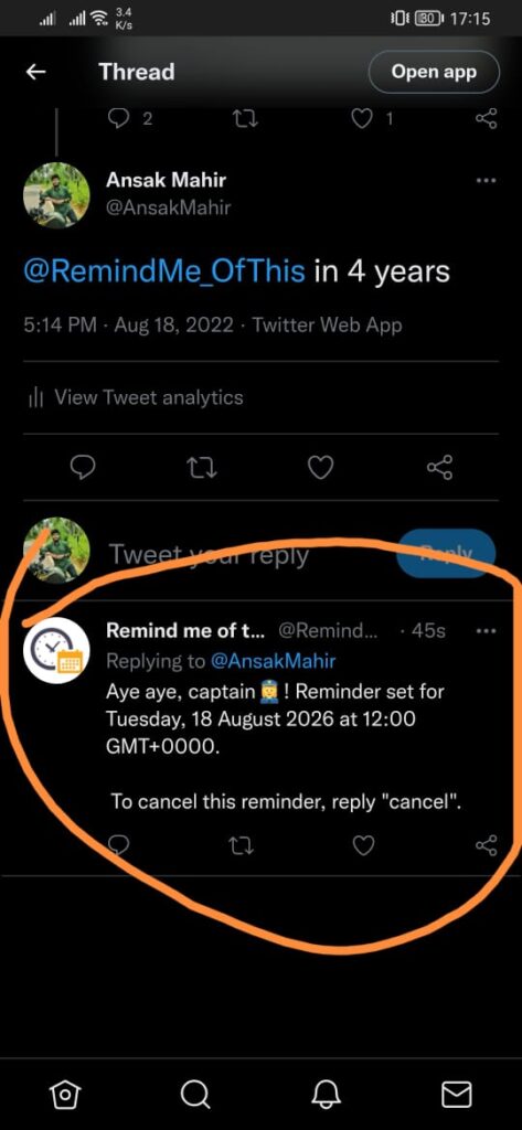 confirmation of reminder from @RemindMe_OfThis twitter bot