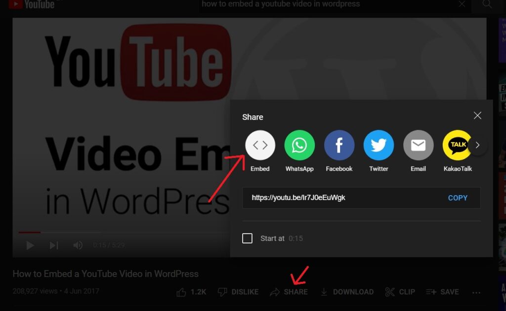 click youtube share button