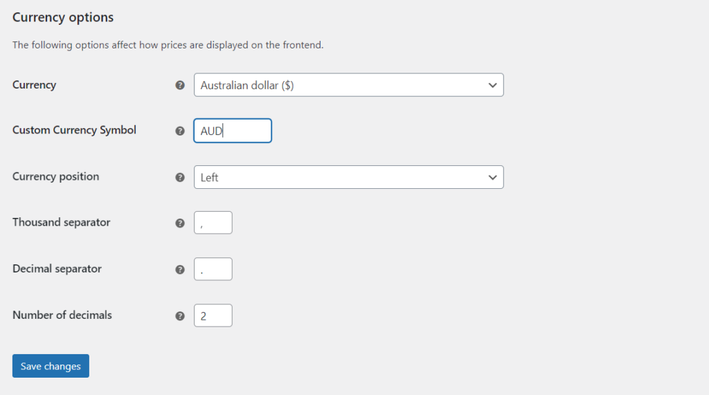 Change to AUD currency symbol in woocommerce