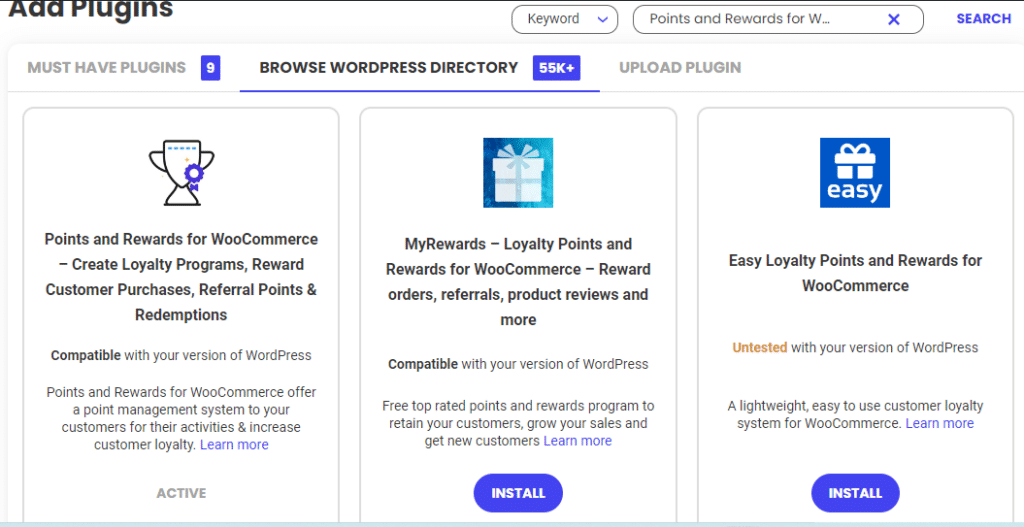 Search result for "Points and Rewards for WooCommerce" keyword in plugin tab