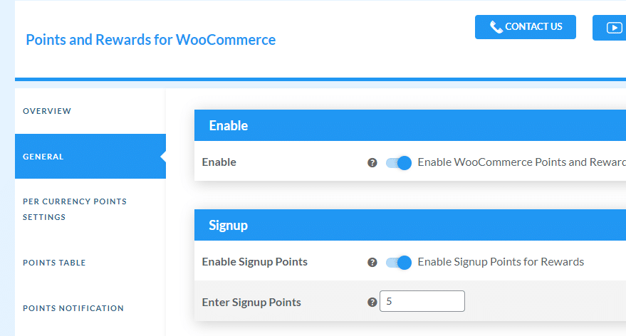 Points and rewards for woocommerce plugin settings for signup point allocation