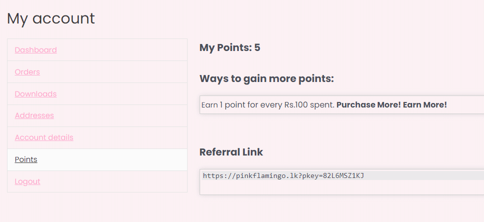 Referral link in the "My account" section of a woocommerce website.