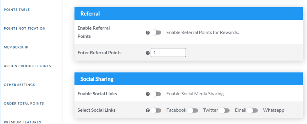 Referral points and social share button settings in points and rewards plugin.