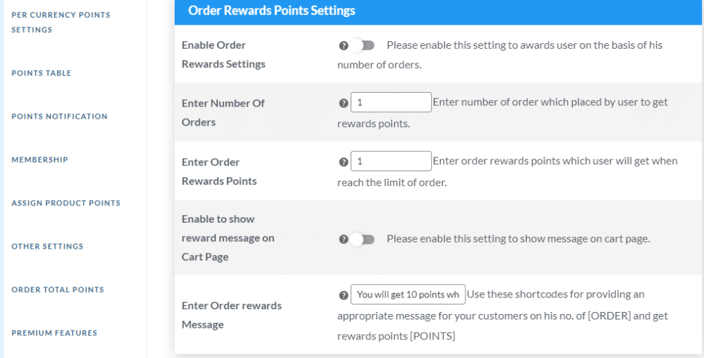 Points for order count settings